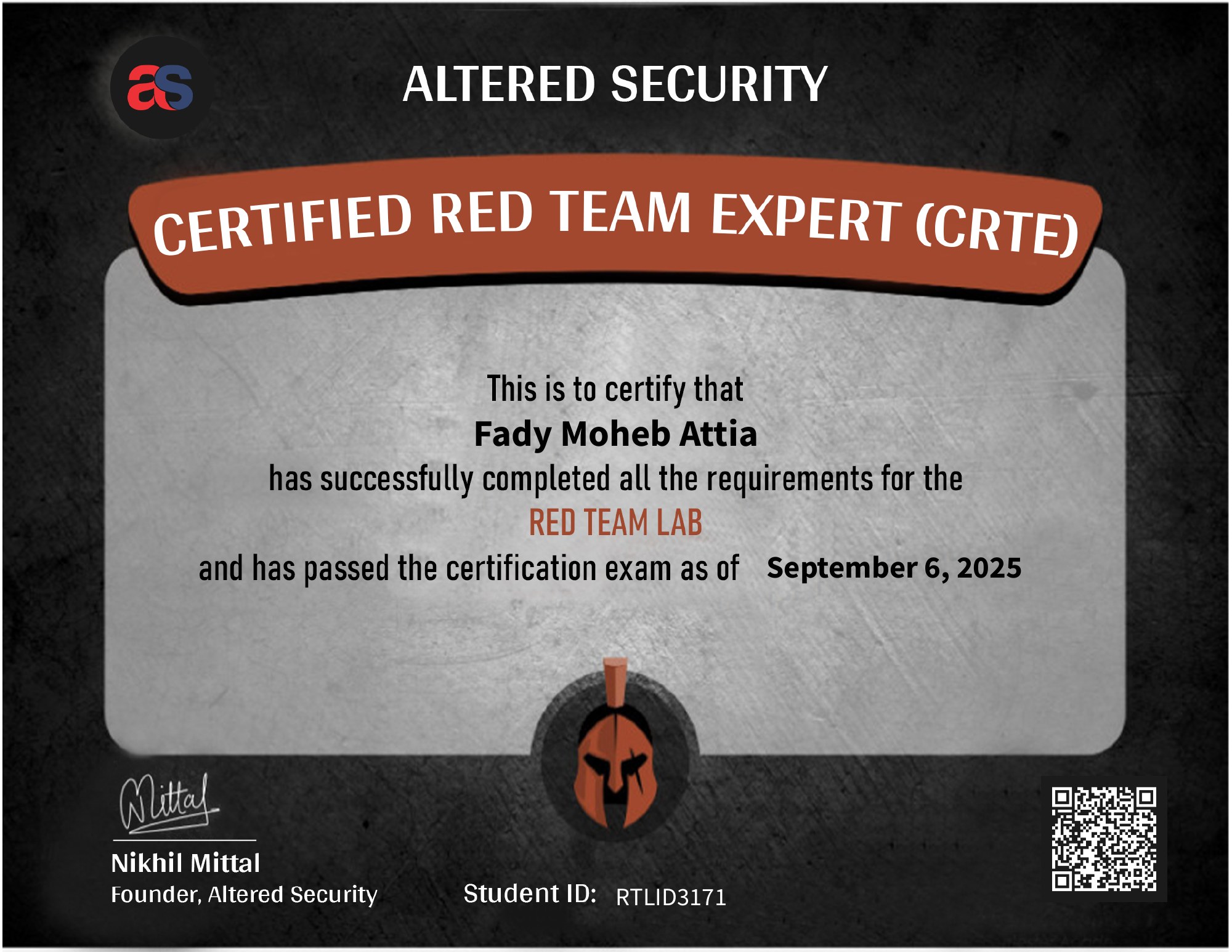 Altered Security certificate: Certified Red Team Expert (CRTE), awarded to Fady Moheb Attia for completing the Red Team Lab and passing the certification exam as of September 6, 2025.