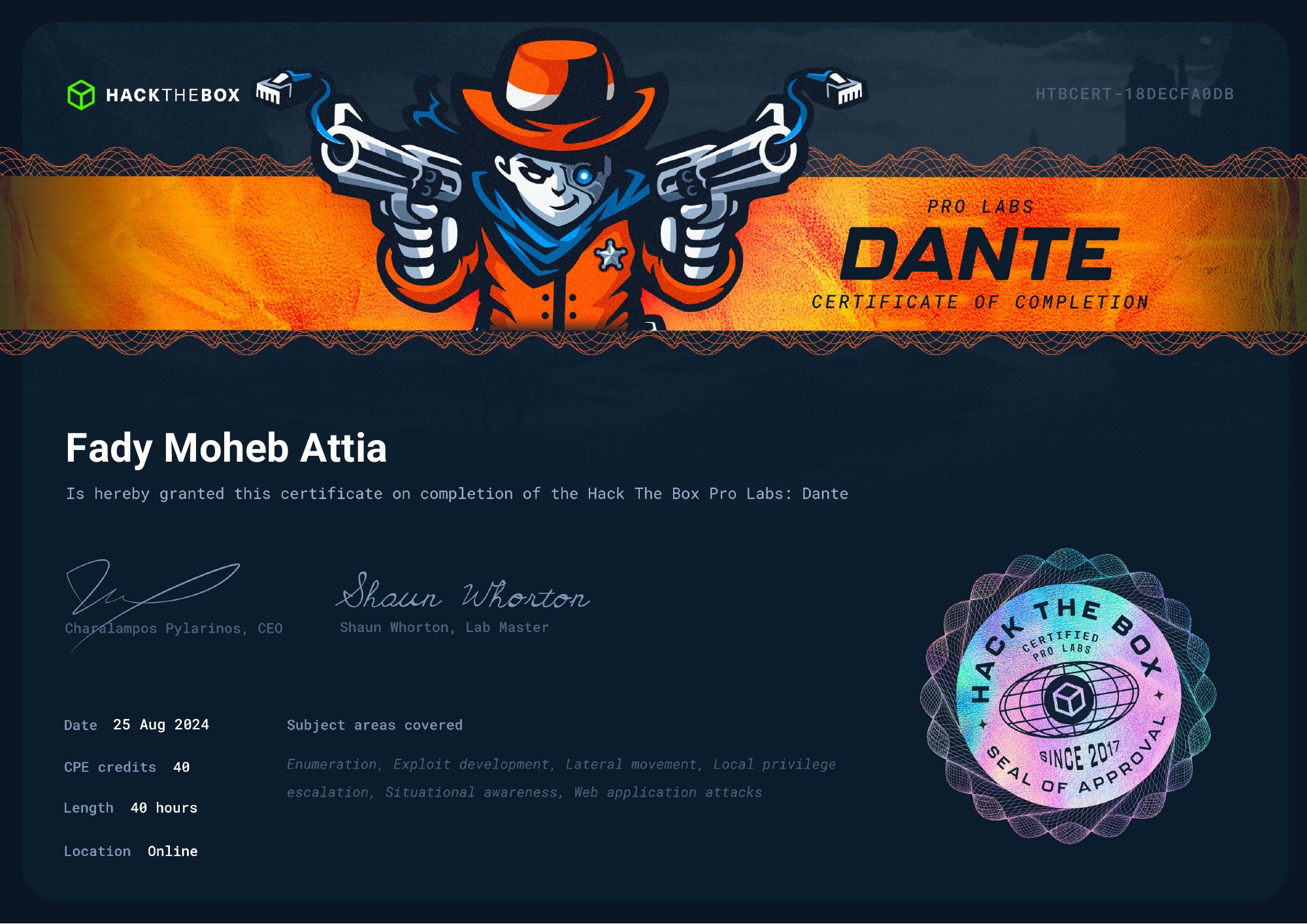 Hack The Box certificate of completion for Pro Labs: Dante, granted to Fady Moheb Attia on 25 Aug 2024.